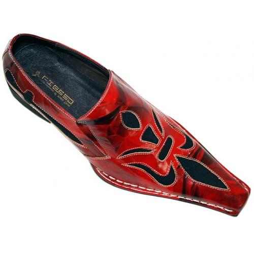 Fiesso Red/Black with Sai Blade Design Denim On Front Wrinkle Leather Shoes FI8054